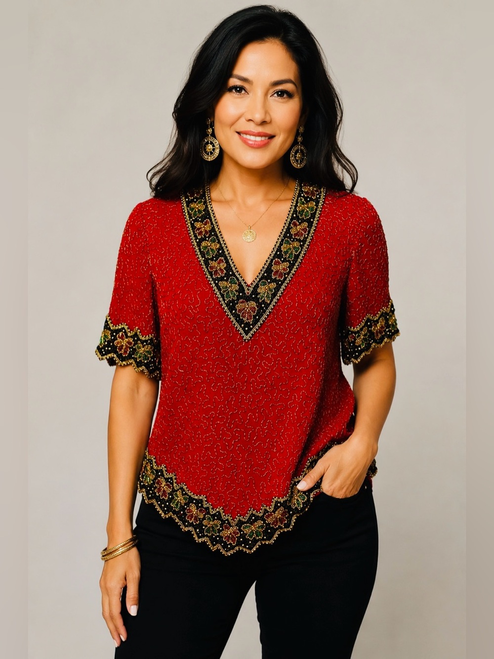 Laurence Kazar Silk Beaded Top Red V-Neck Butterfly Sequin Blouse XL